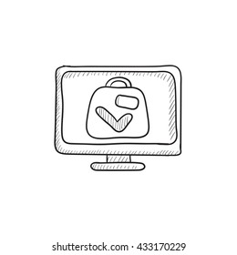 Suitcase at x-ray airport scanner vector sketch icon isolated on background. Hand drawn Suitcase at x-ray airport scanner icon. Suitcase at x-ray scanner sketch icon for infographic, website or app.