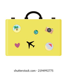 Suitcase yellow with stickers. Luggage for travel. Isolated on white background. Vector 
illustration