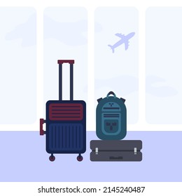 Suitcases at airport departure lounge traveler in airplane terminal background, traveling baggage in waiting area. Holiday vacation concept. Vector flat illustration.