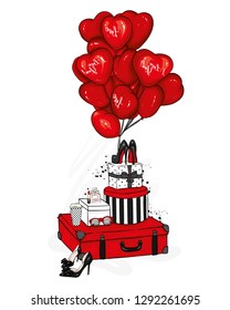 Suitcases, bag, shoes and fashion accessories with heart-shaped balloons. Dessert. Vector illustration for greeting card or poster. Love, friendship, Valentine's Day.