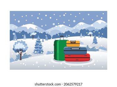Suitcases, baggage, luggage with a winter landscape: mountains, hills, trees, firs, snowflakes. Vector illustration in flat stile.