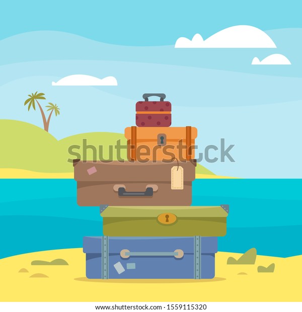Suitcases and bags against the\
backdrop of the seascape, sea and palm trees. The concept of\
vacation, vacation and travel. Vector illustration in cartoon flat\
style.