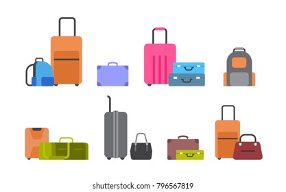 Suitcases, Bags And Backpacks Set Of Icons Isolated Different Baggage Collection Flat Vector Illustration