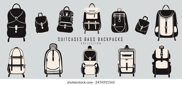 Suitcases, bags and backpacks silhouette symbols. Black, pink and white icon set, logo idea. Accessories and travel equipment concept.