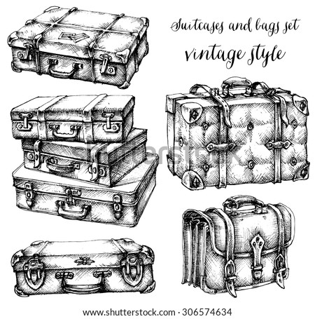 Suitcases and bags icon set, hand drawn in vintage style