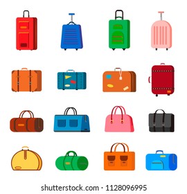 Suitcases and bags. Luggage and baggage icons set. Handbag, briefcase and other. Flat style. Vector illustration.