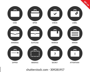 Suitcases and bags vector icons set. Business and management concept, cases for businessmen, labels, handbag, zipper, open and secret bag. Isolated on whithe background