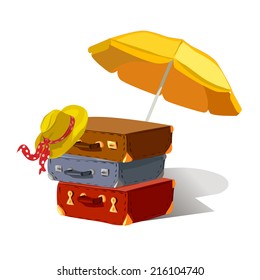 suitcases, beach umbrella, hat, isolated. vector illustration