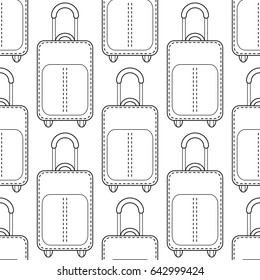 Suitcases. Black and white seamless illustration, pattern of fashion bags for coloring book, page.
