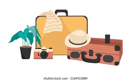 Suitcases with a camera, hat, scarf and a flower pot. Retro style. The concept of Travel, vacation, Retro accessories. Vector illustration, isolated elements.	