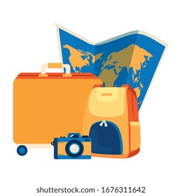 suitcases with camera and paper map vector illustration design