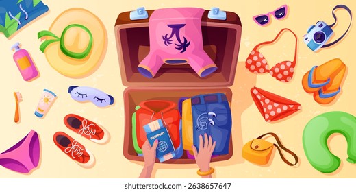 Suitcases clothes packing. Travel bag pack top view, tourist hands prepare essentials in suitcase summer vacation trip journey passport shoes, cartoon swanky vector illustration original artwork