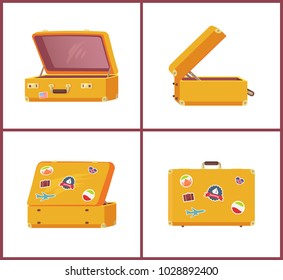 Suitcases from different angles, open and closed, memory stickers sailboat, flying plane, flag of Italy and Iceland, sightseeings travelling vector