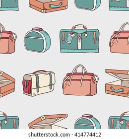 Suitcases hand drawn seamless pattern. Colorful collection of bags. Sketch objects vector. Doodle illustration background