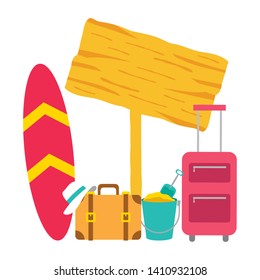 suitcases hat surfboard bucket guideboard vector illustration