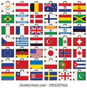 Suitcases icons set in flat style. Old suitcases with flags of various countries. Vector illustration of travel suitcases in the colors of the flags of different countries from around the world
