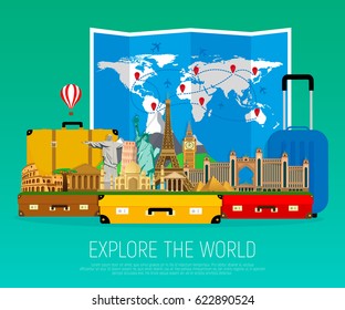 Suitcases with landmarks and folded world map. Vector web banner on the theme of travel. Vector illustration. Flat design.
