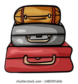 Suitcases lying on top of each other. Three suitcasesr for travel. Doodle picture of a suitcase on a transparent background. Cartoon clip art accessory for travelers. Vector illustration. Vector