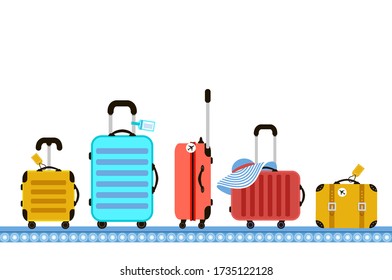 Suitcases on airport luggage conveyor belt. Travel bag. Summer time. Holidays. Vacation trip. Rest trip. Luggage band on the airport.