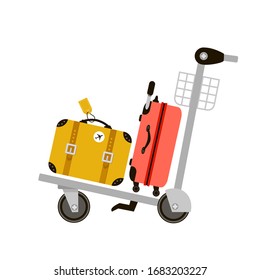 Suitcases on airport luggage trolley. Travel bag. Summer time. Holidays. Vacation trip. Rest.