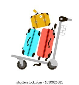 Suitcases on airport luggage trolley. Travel bag. Summer time. Holidays. Vacation trip. Rest