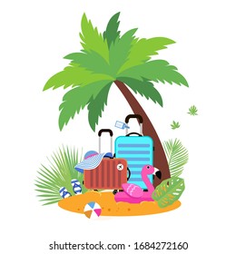 Suitcases on the beach. Travel bag with hat. Giant inflatable Pink Flamingo on the sunny beach. Pool float toy, ball and palm tree. Summer holidays. Sunny days. Holidays. Time to travel. Flat.