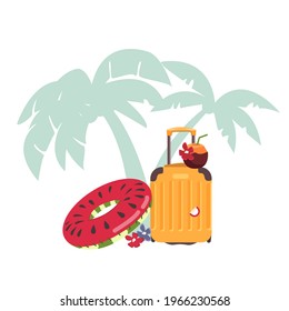 Suitcases on the beach. Travel bag with a coconut cocktail
on the beach. Giant inflatable circle and palm trees. Summer holidays. Sunny days. Holidays. Time to travel. Weekend.Flat vector illustration