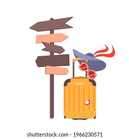 Suitcases on the beach. A travel bag with a hat, sunglasses. Road sign. Summer holidays. Sunny days. Holidays. Time to travel. Weekend. Vacation. Flat vector illustration
