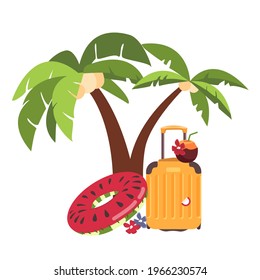 Suitcases on the beach. Travel bag with a coconut cocktail
on the beach. Giant inflatable circle and palm trees. Summer holidays. Sunny days. Holidays. Time to travel. Weekend.Flat vector illustration