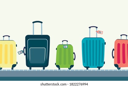 Suitcases on the conveyor belt at the airport. Sorting of Luggage. Equipment for travel.