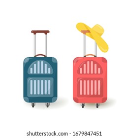 Suitcases on wheels in flat style. Set of two closed suitcases in red and blue.Time to travel. Women's hat hangs on the handle of a suitcase. Color vector illustration.Elements are isolated on a white