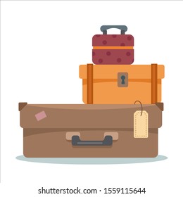 Suitcases on a white isolated background. In brown shades of retro. The concept of vacation, vacation and travel. Logo for the store bags. Vector illustration in cartoon flat style.