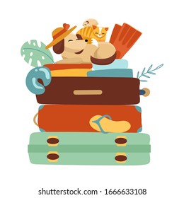 Suitcases on a white isolated background. Vacation, vacation and travel concept. Logo for a store of bags or transportation of goods. Vector illustration in cartoon style.