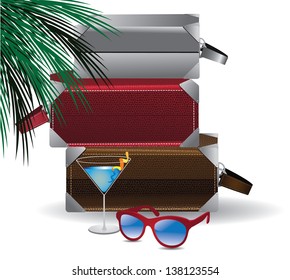 Suitcases with palm fronds, sunglasses and martini. EPS 10 vector, grouped for easy editing. No open shapes or paths.