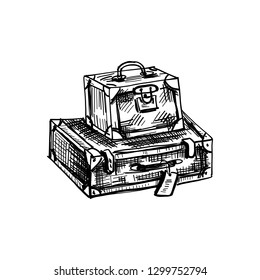 Suitcases and retro bags hand drawn vector ink sketch isolated on white background, vintage romantic baggage, decorative case for design scrapbook, dvertising travel, greeting card and invitation