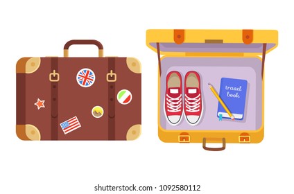 Suitcases set, traveler's equipment color poster isolated on white vector illustration of tourist bags with stickers collection, sneakers and notepad