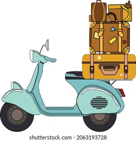 Suitcases with travel accessories rests on a four green motorcycle seat on a white background.
