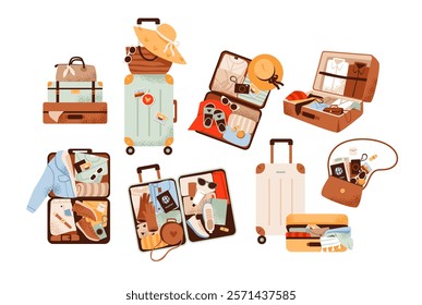 Suitcases with travel accessories set. Travel essentials like luggage, passport, and camera. Tourism, adventure journeys, and packing concept. Flat vector illustration.