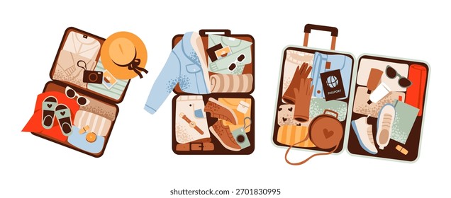 Maletas con juego de accesorios de viaje. Artículos esenciales de viaje como equipaje, pasaporte y cámara. Turismo, viajes de aventura y concepto de embalaje. Ilustración vectorial plana.