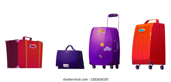 Suitcases, travel luggage, baggage and bags. Various modern or vintage accessories for tourist, holidays and vacation, female handbag or briefcase, isolated Cartoon vector illustration, icons set