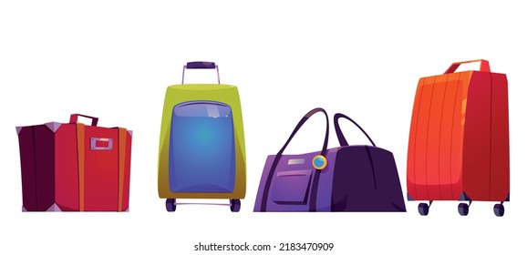 Suitcases, travel luggage, baggage and bags. Various modern or vintage accessories for tourist, holidays and vacation, female handbag or briefcase, isolated Cartoon vector illustration, icons set