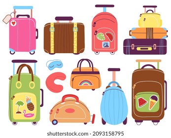 Suitcases. Trip luggage, cartoon suitcase pack. Traveler stuff, tourism and vacations. Travelling bags, backpacks for journey. Flat voyage decent vector set