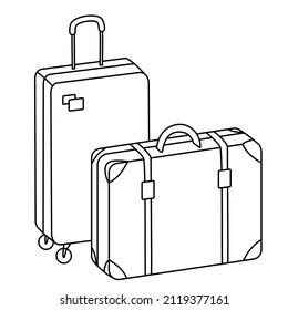 Suitcases Vector Drawing. Vintage travel bag and modern suitcase on wheels. The concept of travel, vacation, road trip. Hand drawn illustration of luggage. Black lines isolated on a white background.