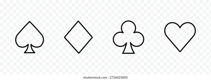 conjunto baralho jogando carta em fundo transparente. Conjunto de quatro ícones de conjuntos de cartas de baralho. Convés de jogo de cartas no ícone Vetor . Símbolos de cartões. Diamantes, copas, paus, espadas símbolo ou sinal definir eps