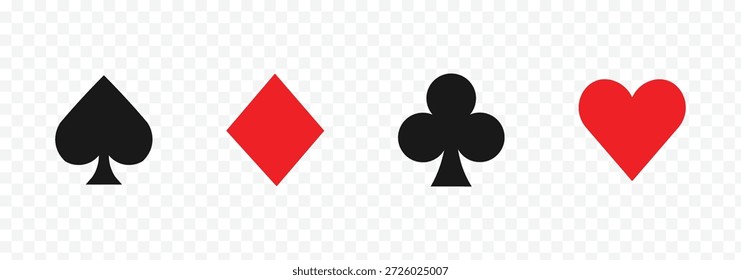 conjunto baralho jogando carta em fundo transparente. Conjunto de quatro ícones de conjuntos de cartas de baralho. Convés de jogo de cartas no ícone Vetor . Símbolos de cartões. Diamantes, copas, paus, espadas símbolo ou sinal definir eps