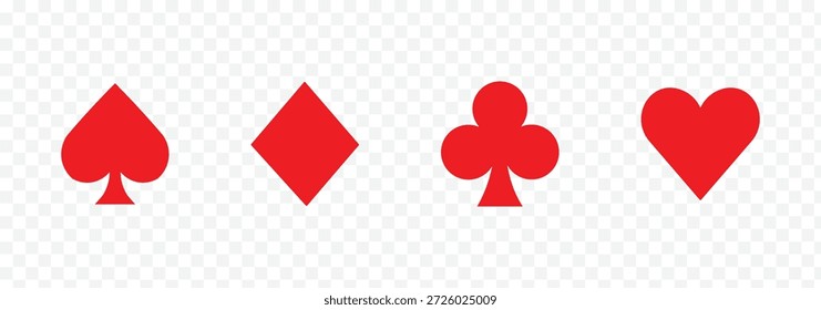 Tarjeta de juego de la cubierta de la suite en fondo transparente. Conjunto de cuatro iconos de palos de cartas. Baraja de juego de cartas en el ícono del Vector . Símbolos de tarjetas. Diamantes, corazones, palos, símbolos de picas o conjuntos de signos
