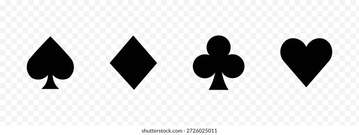 Tarjeta de juego de la cubierta de la suite en fondo transparente. Conjunto de cuatro iconos de palos de cartas. Baraja de juego de cartas en el ícono del Vector . Símbolos de tarjetas. Diamantes, corazones, palos, símbolos de picas o conjuntos de signos