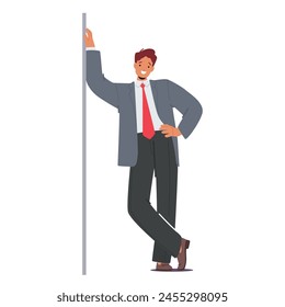 Suited Businessman Leans Against The Wall, His Posture Relaxed, Exuding Confidence, Professionalism And Poised Demeanor. Whitecollar Worker Character in Shirt And Blazer. Cartoon Vector Illustration