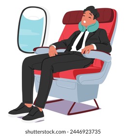 Suited Businessman On Plane, Eyes Closed, With A Neck Pillow, Symbolizing Brief Respite Amidst His Hectic Schedule. Male Character in Formal Suit Sleep in Airplane. Cartoon People Vector Illustration