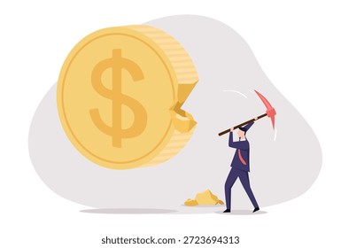 Un obrero de traje usa un pico para astillar una moneda de Grande dólar, con Pequeños fragmentos de oro cerca, simbolizando un esfuerzo para ganar recompensas financieras.
